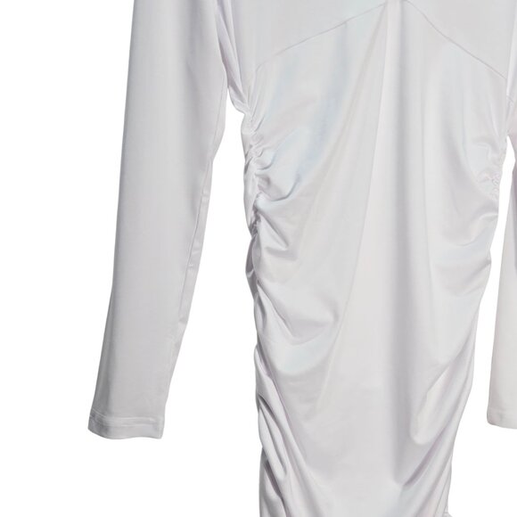 NWOT | White Long Sleeve V-Neck Ruched Drawstring Bodycon Mini Dress | Small - Picture 3 of 7